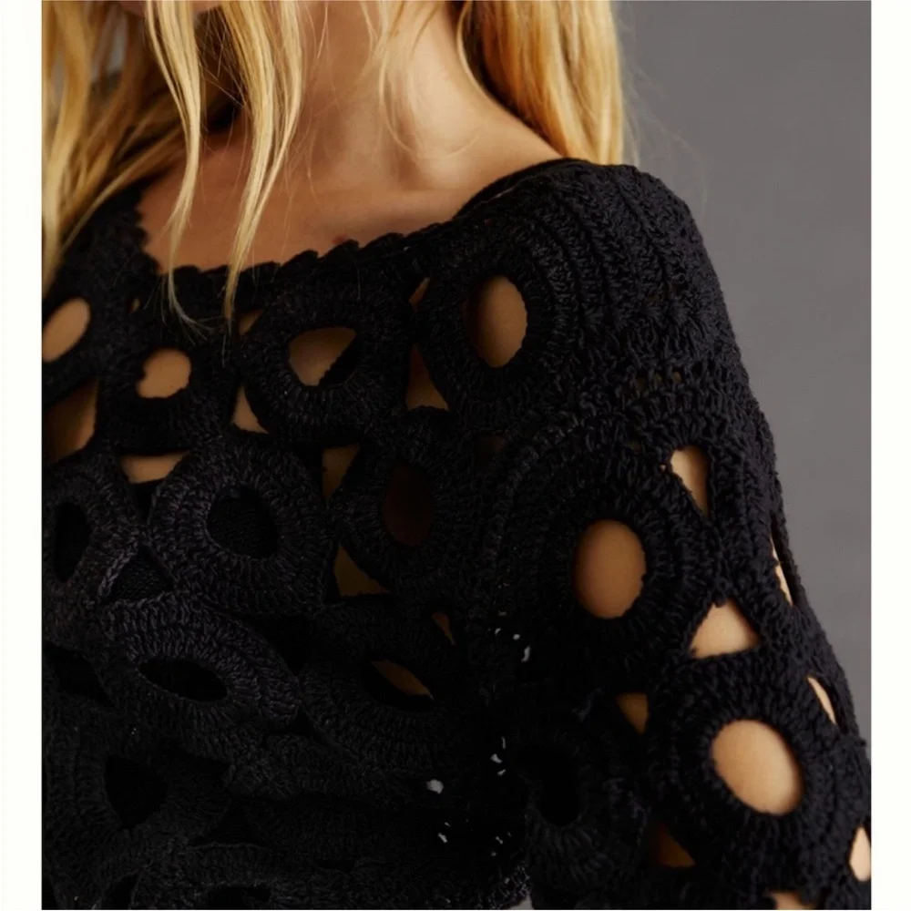 Anthropologie Maeve Cut-Out Crochet Topper in Black